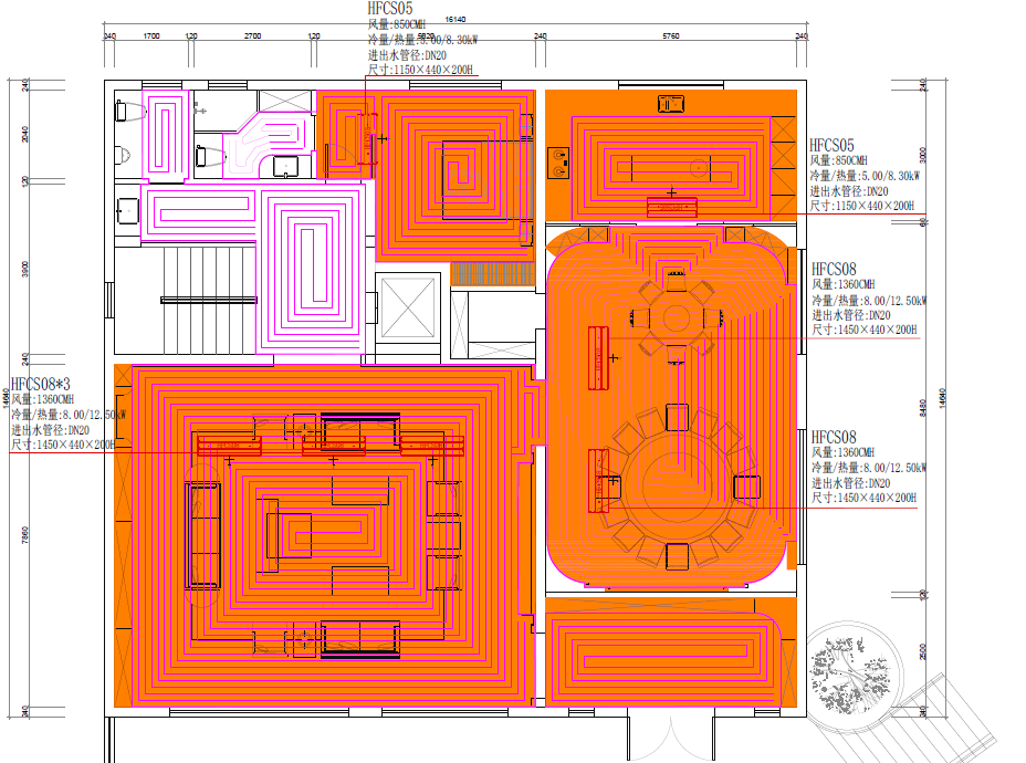 别墅一层风机盘管地暖系统配置示意图