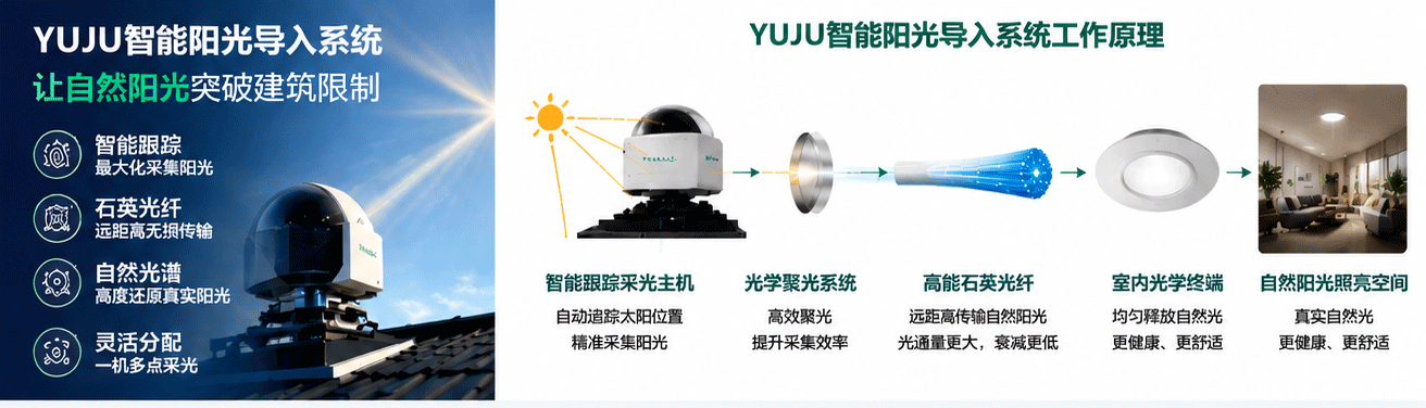 YUJU智能阳光导入系统工作原理：智能太阳跟踪与石英光纤传输