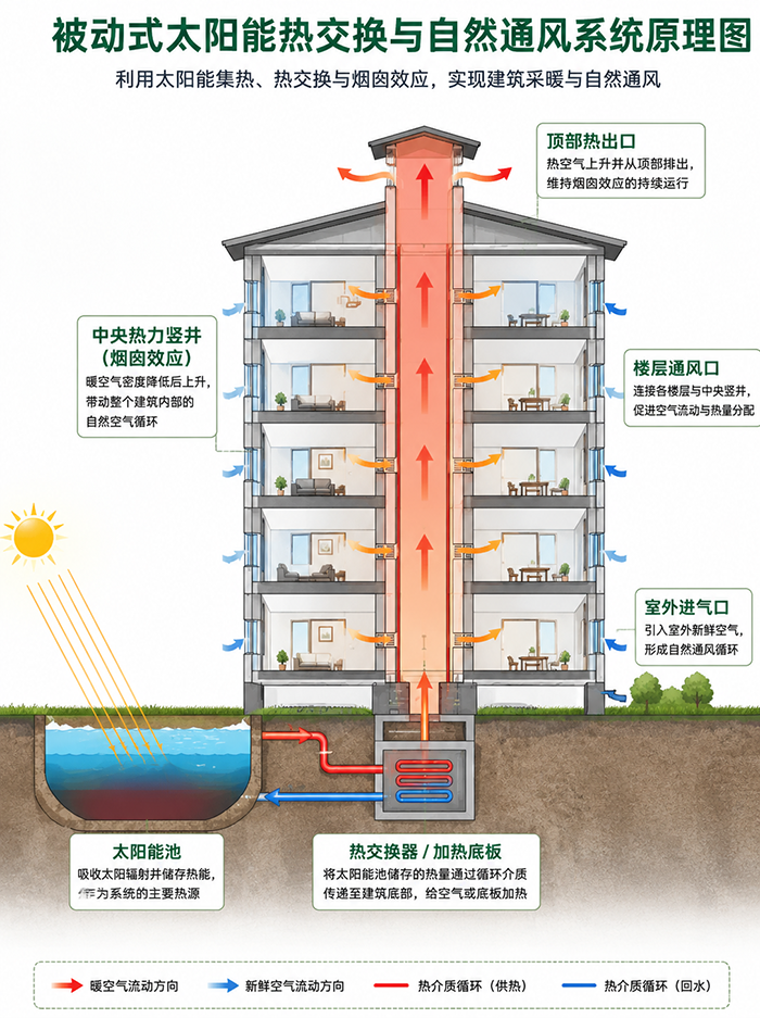 被动式太阳能热交换与自然通风系统工作原理