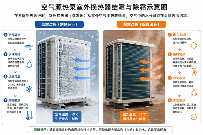 空气源热泵室外换热器结霜与除霜示意图