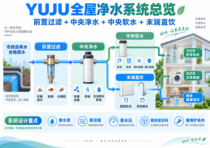 YUJU全屋净水系统前置过滤中央净水中央软水与末端直饮方案
