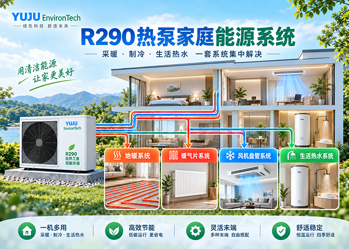 R290空气源热泵地暖暖气片风机盘管生活热水系统